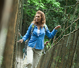 Tourist on jungle suspension bridge